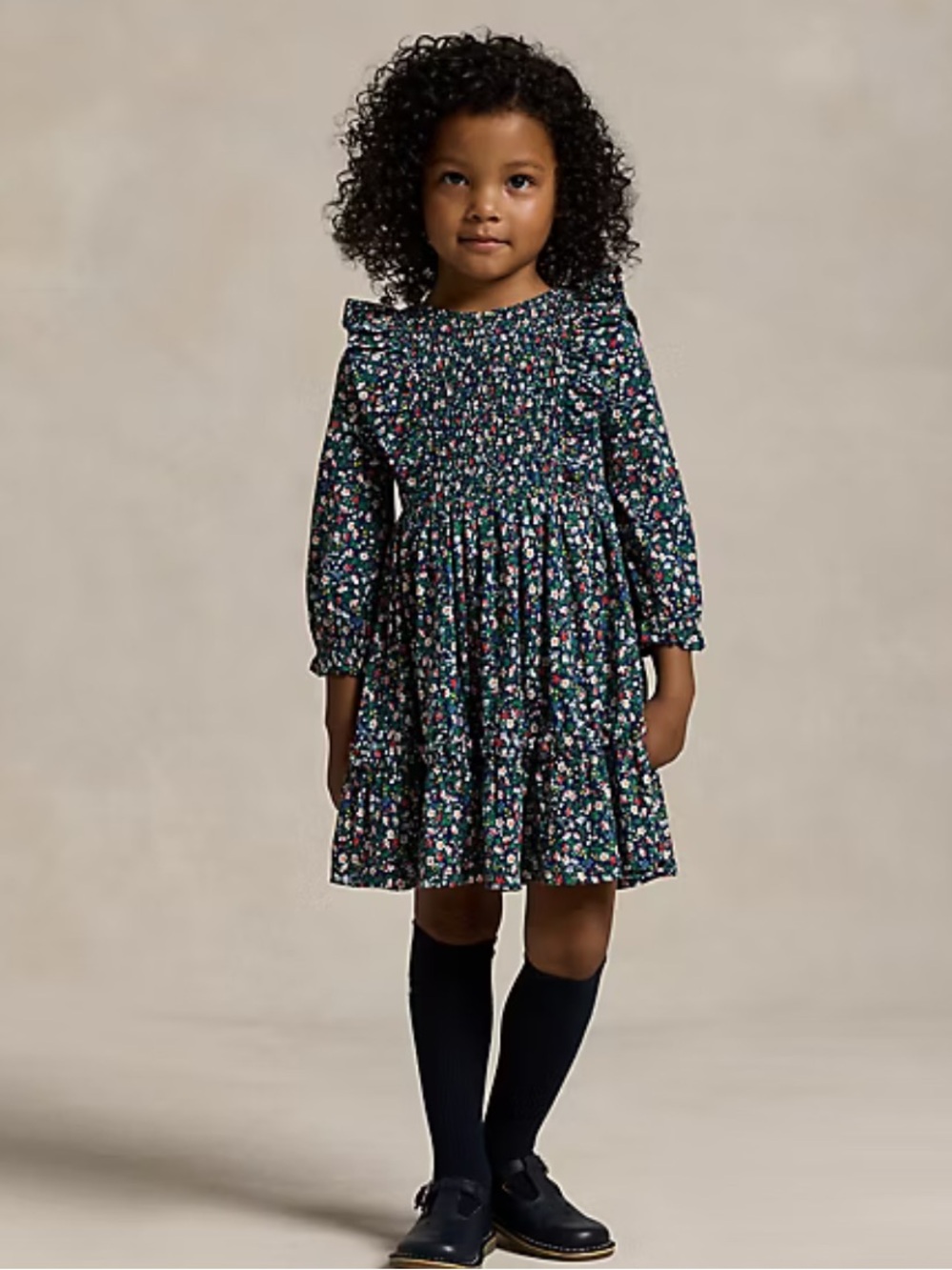 Ralph Lauren Girls Navy Floral Smock Dress with Multicolor Blooms Size 6